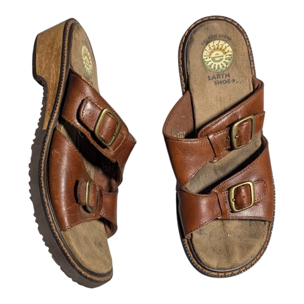 Vtg 1990s Earth Shoe Cognac Brown Leather Wooden Block Heel Slide Sandals 7.5